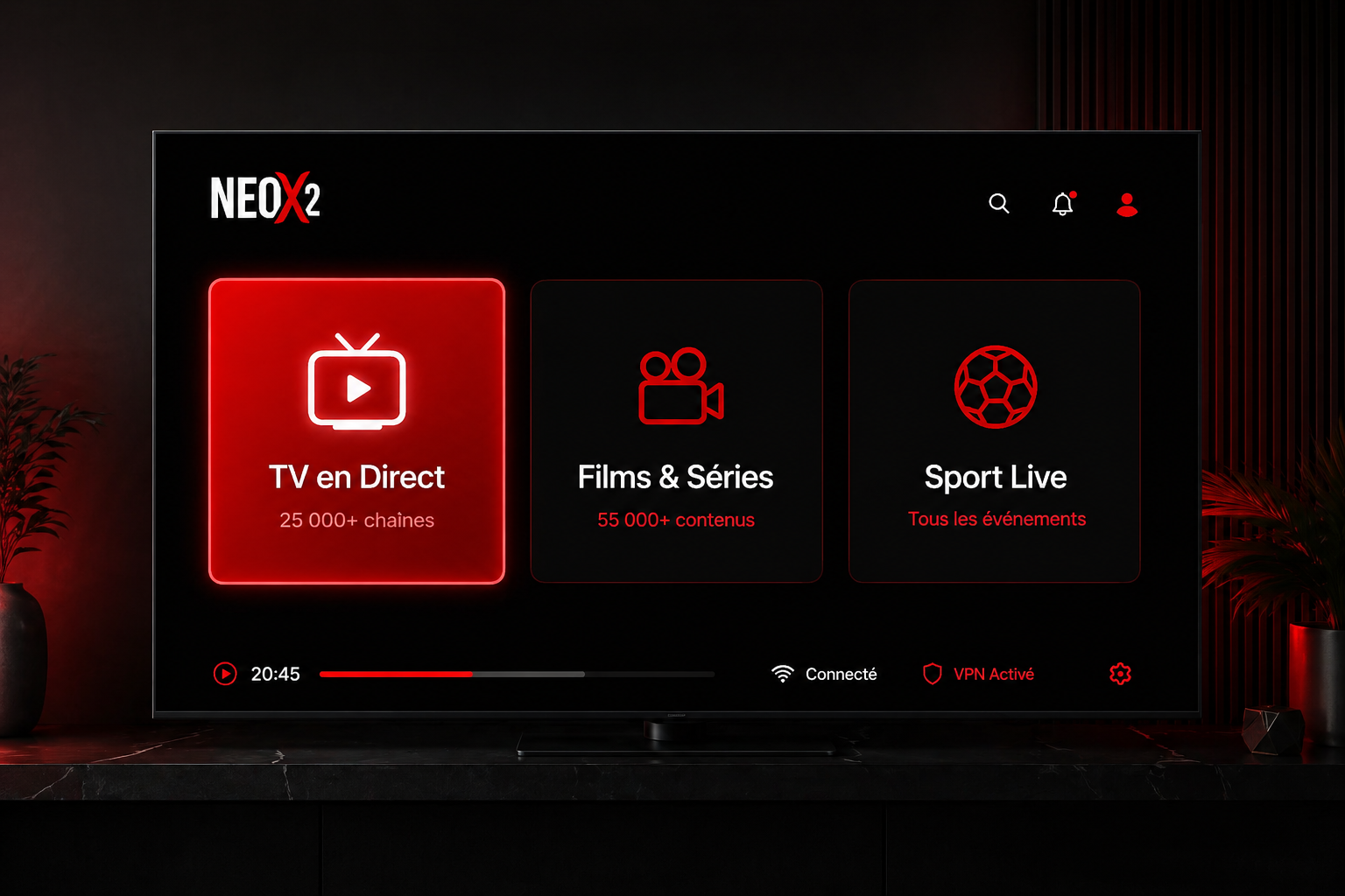 Interface Neox2 sur Smart TV — TV en Direct, Films & Séries, Sport Live